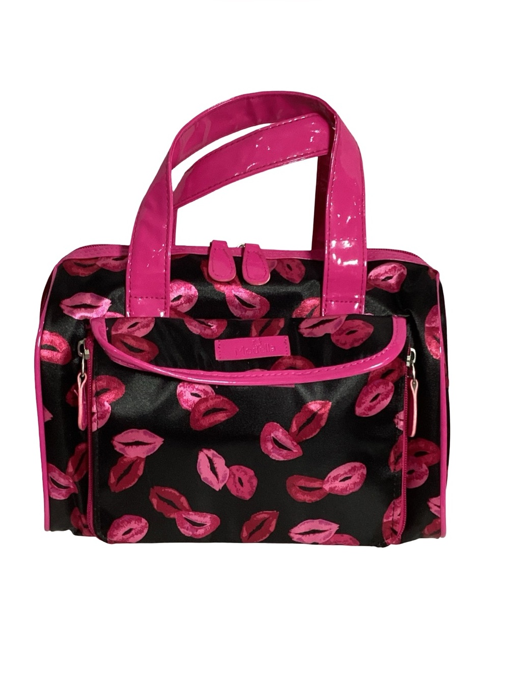 Modella Black Pink Lips Kisses Print Nylon Makeup Travel Case w/ Handles EUC